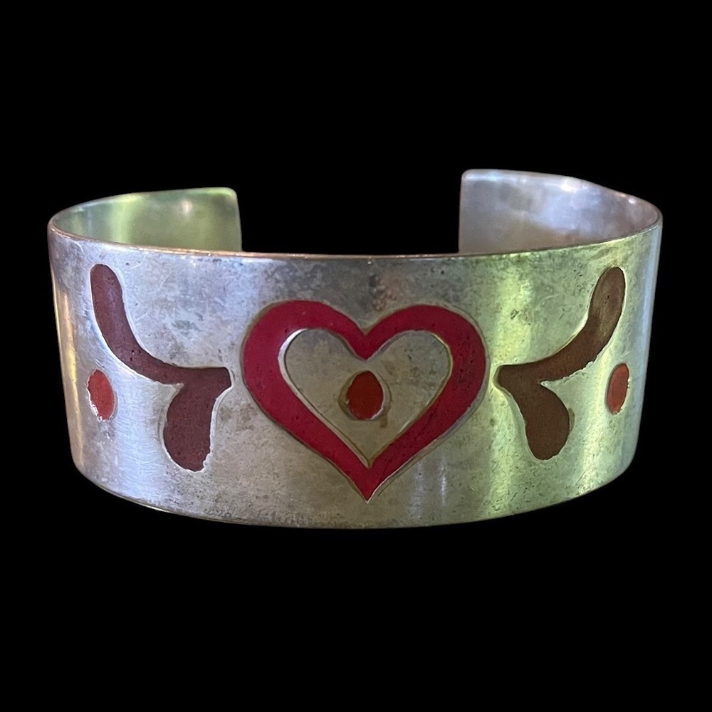 Vintage India Silver Tone Red Enamel Heart Wide Cuff Bracelet Boho Artisan